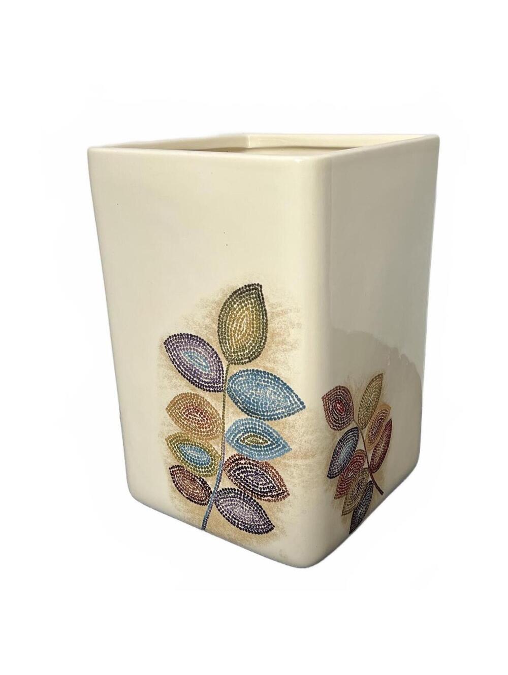 Croscill Home Mosaic Leaves Ceramic Square Wastebasket Cream Bathroom Collection